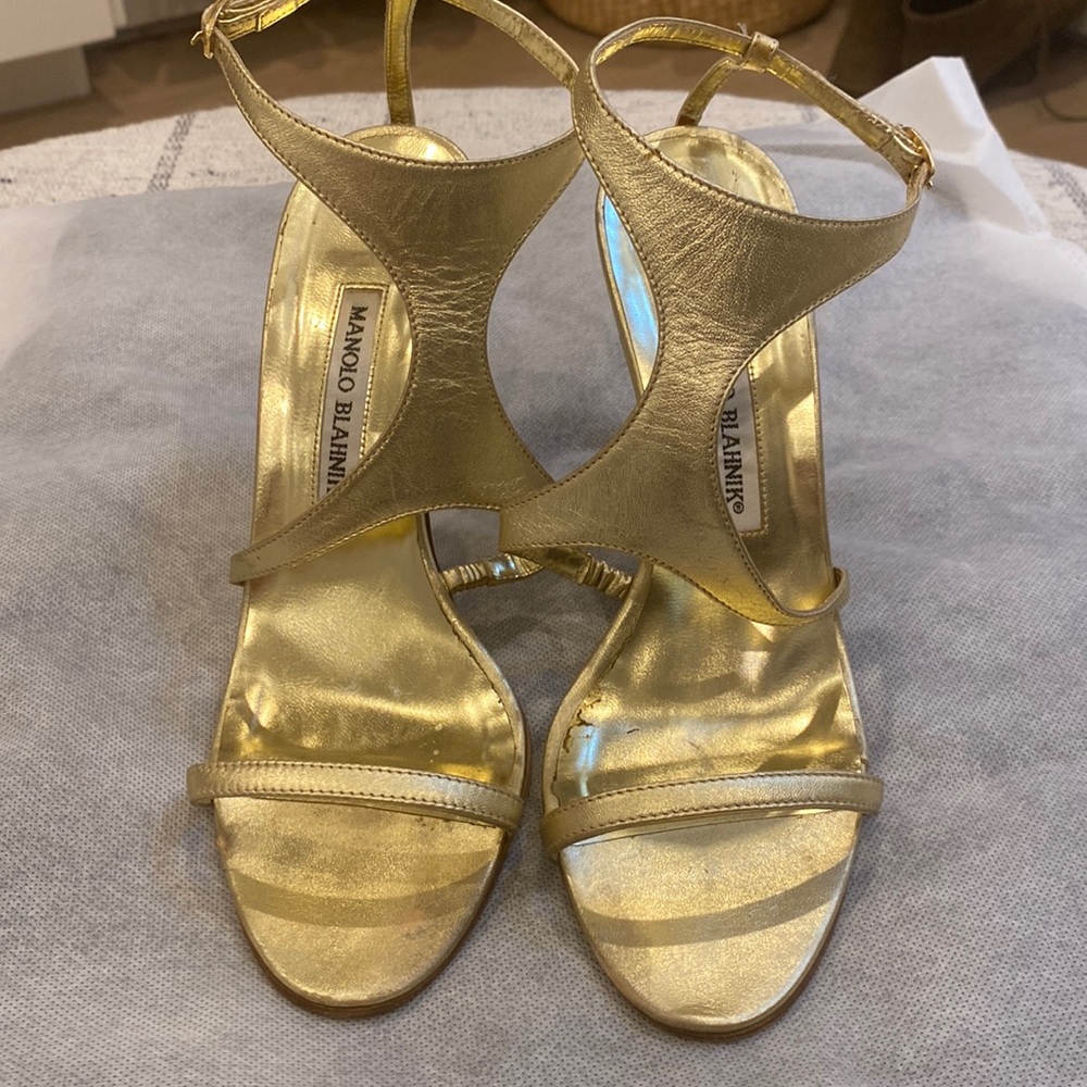 Manolo Blahnik Gold Leather Slingback Heels, gently worn